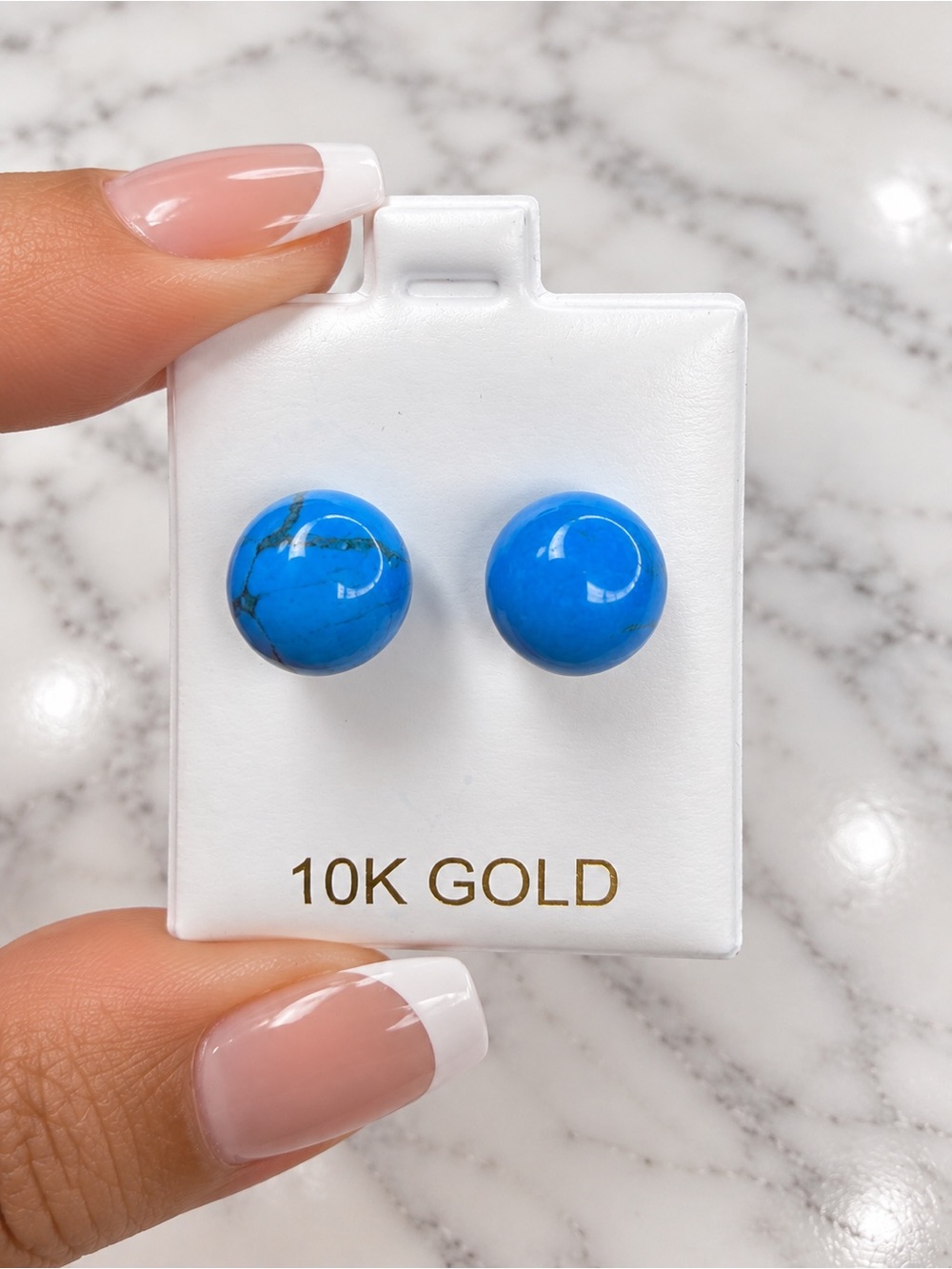 10K Solid Gold Turquoise Blue Round Stud Earrings New With Tags